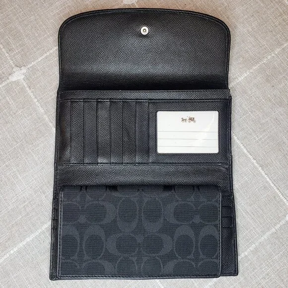 Coach Slim Trifold Wallet - Charcoal Signature Canvas and Black Leather - Picture 5 of 15